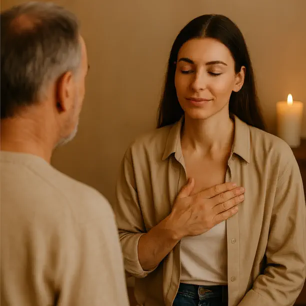 Releasing Hypnosis founder in a healing conversation — reflecting compassionate presence and trauma-informed care