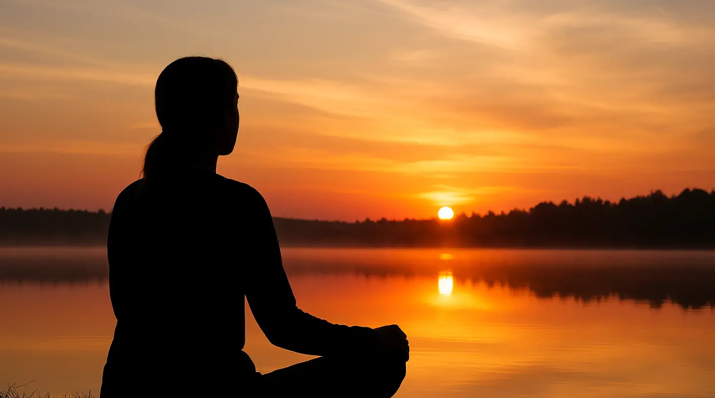 Silhouette of a woman meditating by a calm lake during sunrise, symbolizing inner peace and emotional healing