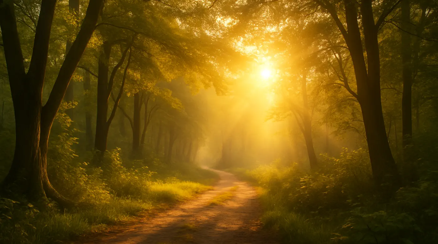 Sunlit forest path with golden rays breaking through trees, symbolizing hope and healing