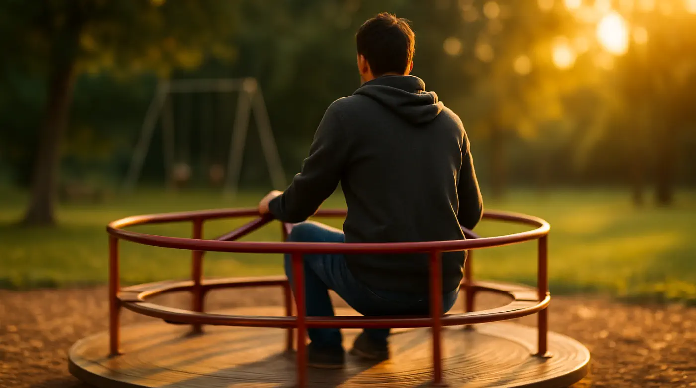 Person sitting on a spinning merry-go-round in a park at sunset—symbolizing feeling stuck in repeating cycles; addiction therapy support in Chiang Mai