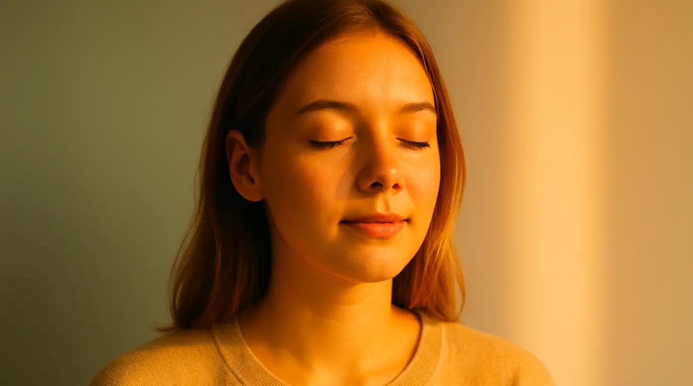Peaceful woman with eyes closed in warm sunlight — symbolizing emotional healing and inner calm