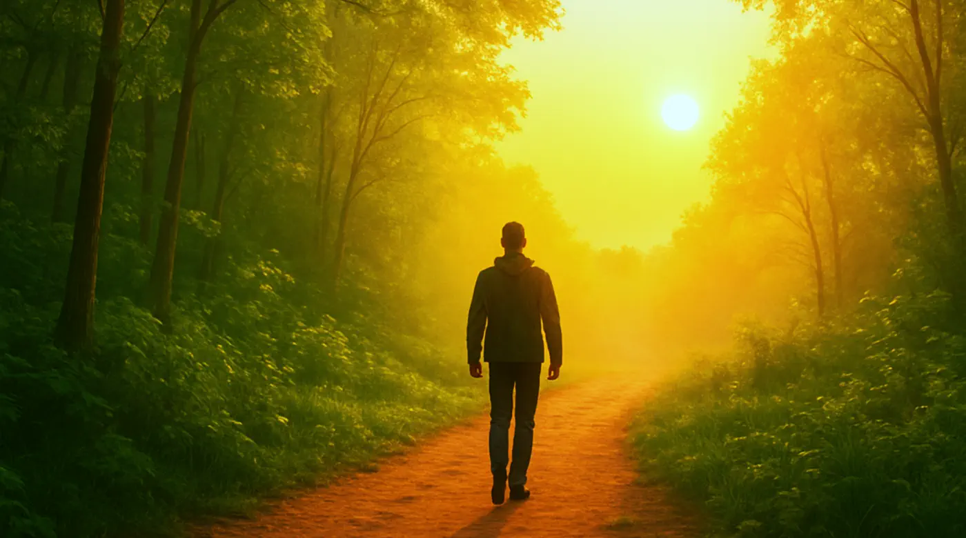 Person walking a sunlit forest path at sunrise — symbolizing the first step toward emotional safety and healing from anxiety”
