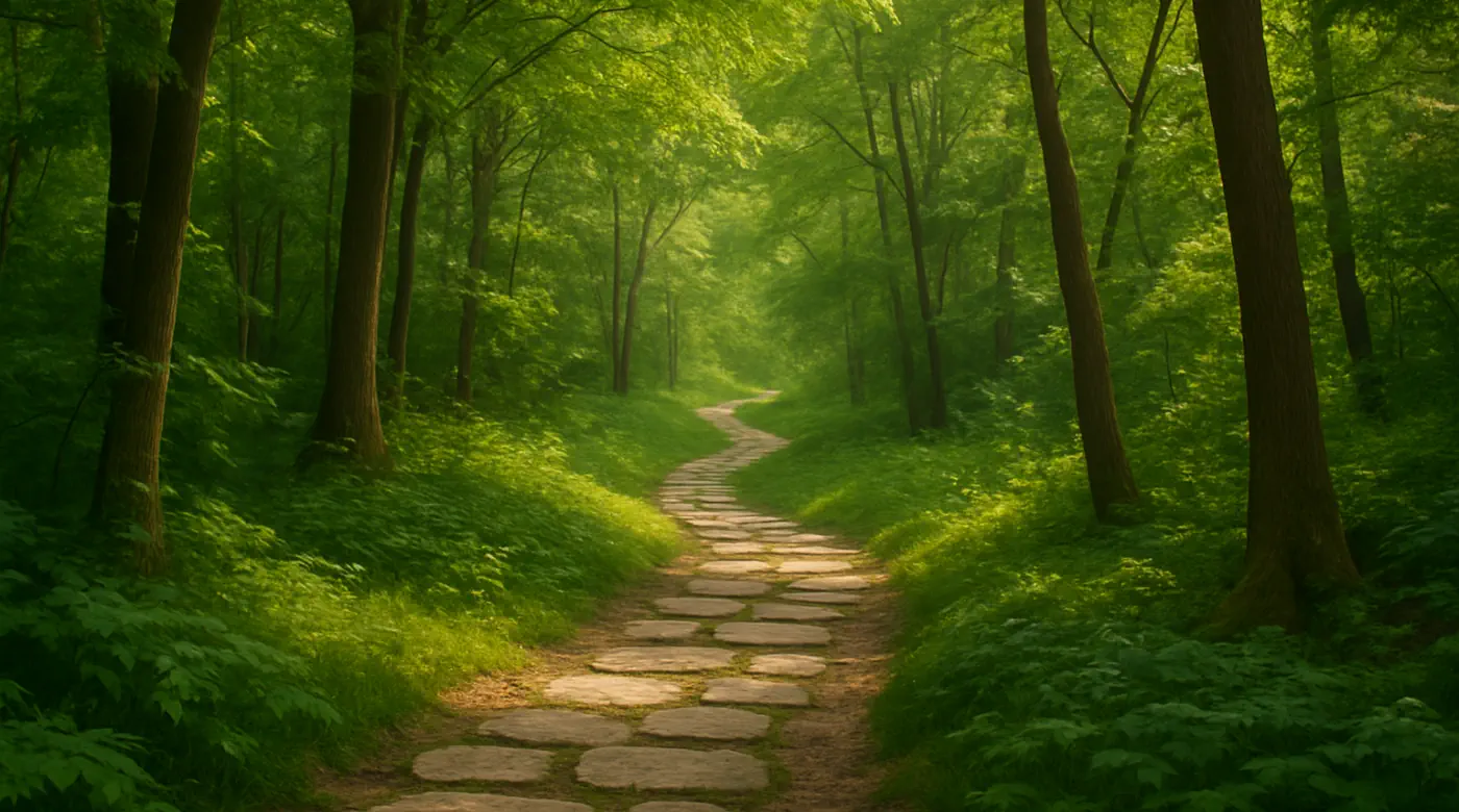 Stone path winding through lush green forest — symbolizing a calm, step-by-step journey of healing from anxiety