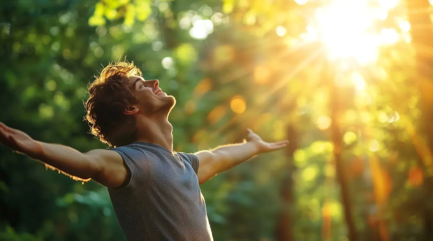 Joyful man opening arms toward sunlight in forest, symbolizing freedom, clarity, and personal breakthrough.