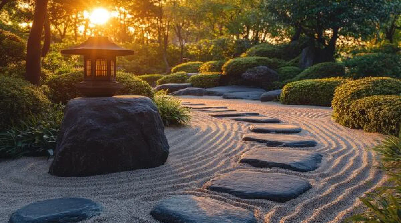 Zen garden with stepping stones at sunset — symbolizing the peaceful stages of emotional healing and inner clarity
