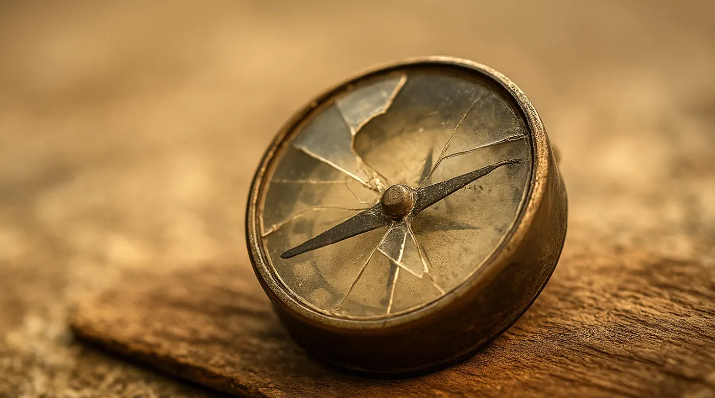 Broken compass on a wooden surface — symbolizing feeling lost, stuck, and misdirected; overcoming inner blocks to success and self-trust.