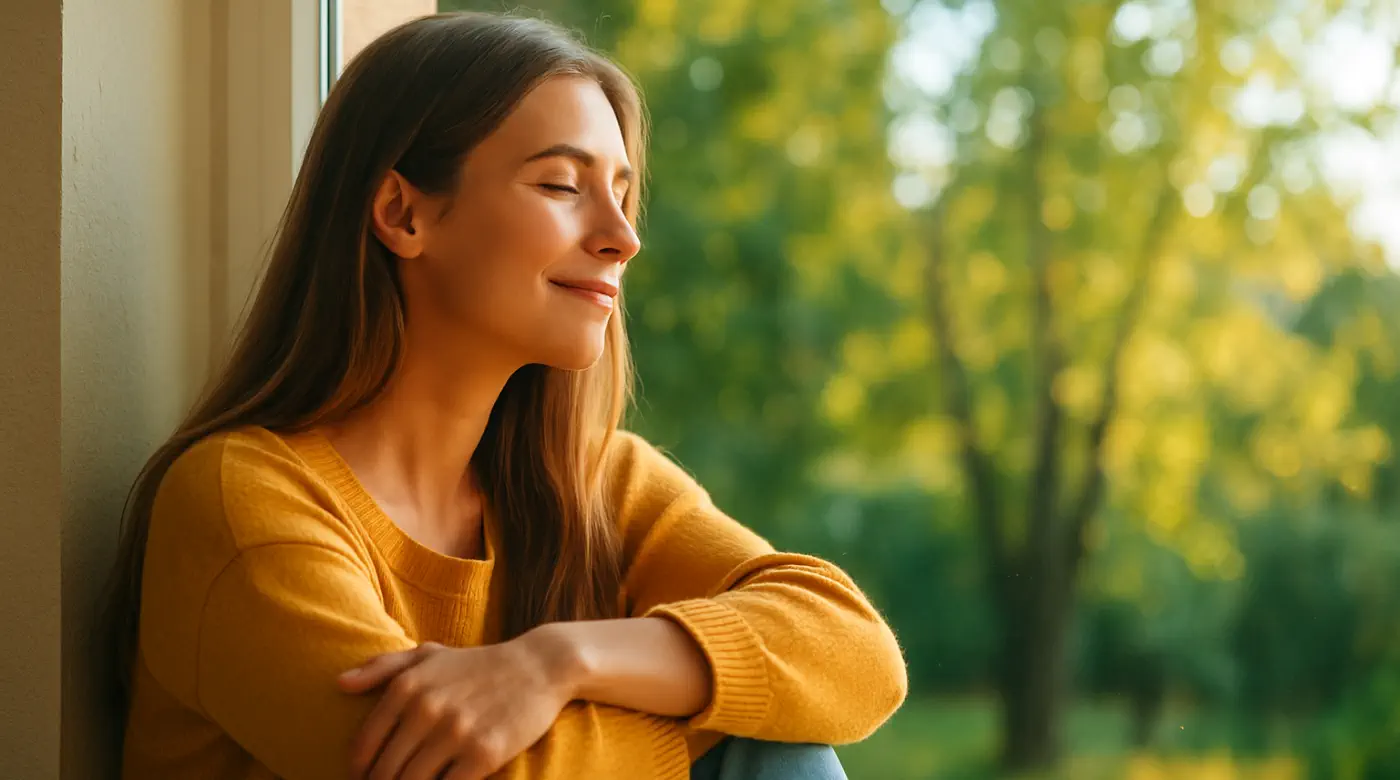 Woman feeling calm and hopeful after depression healing, sitting by a window in peaceful reflection