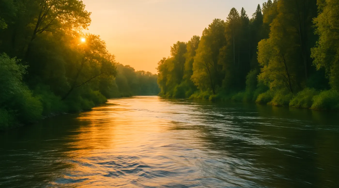Peaceful river at sunset surrounded by trees, symbolizing the calm and renewal found through emotional healing