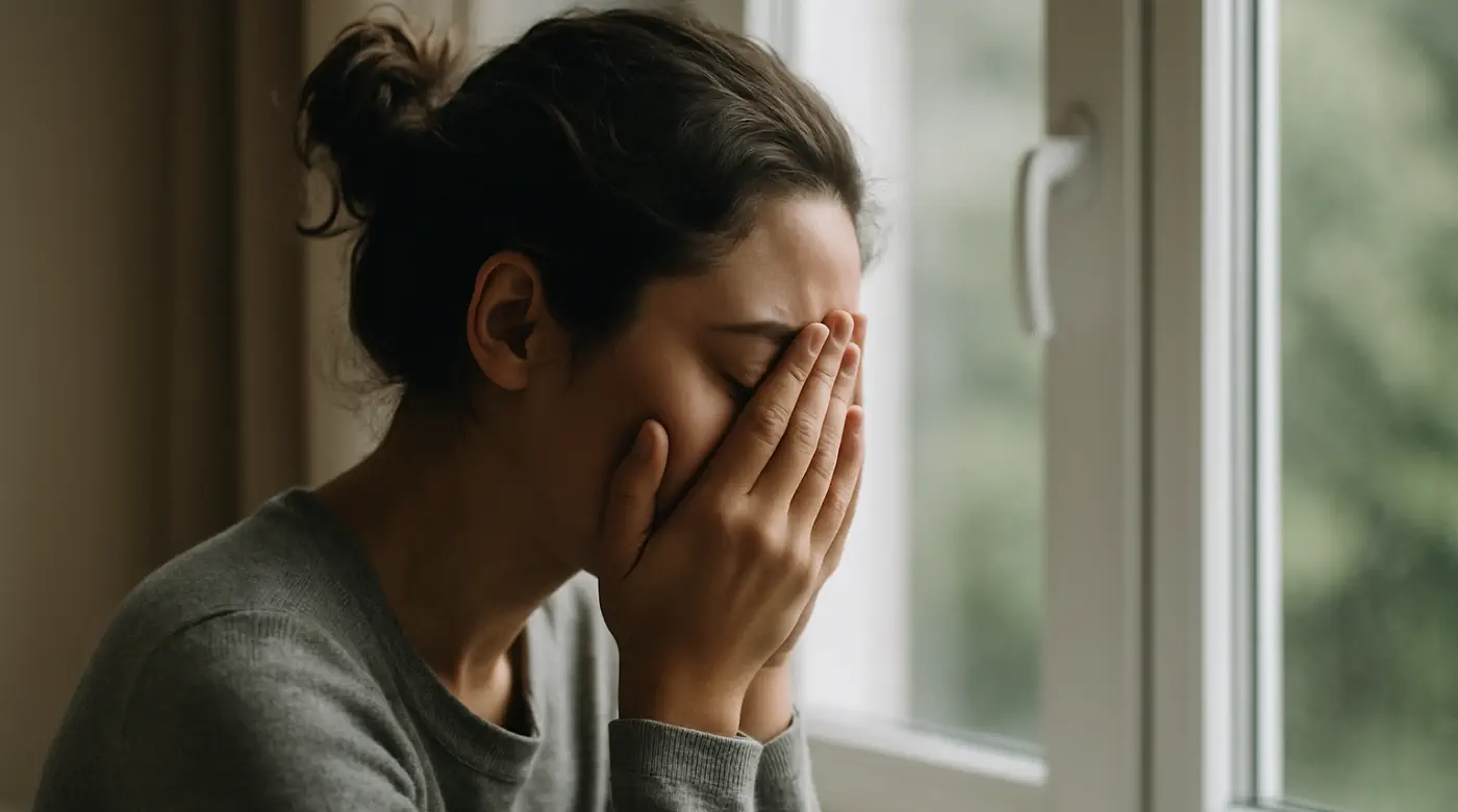 Woman sitting by a window covering her face, expressing emotional fatigue and sadness