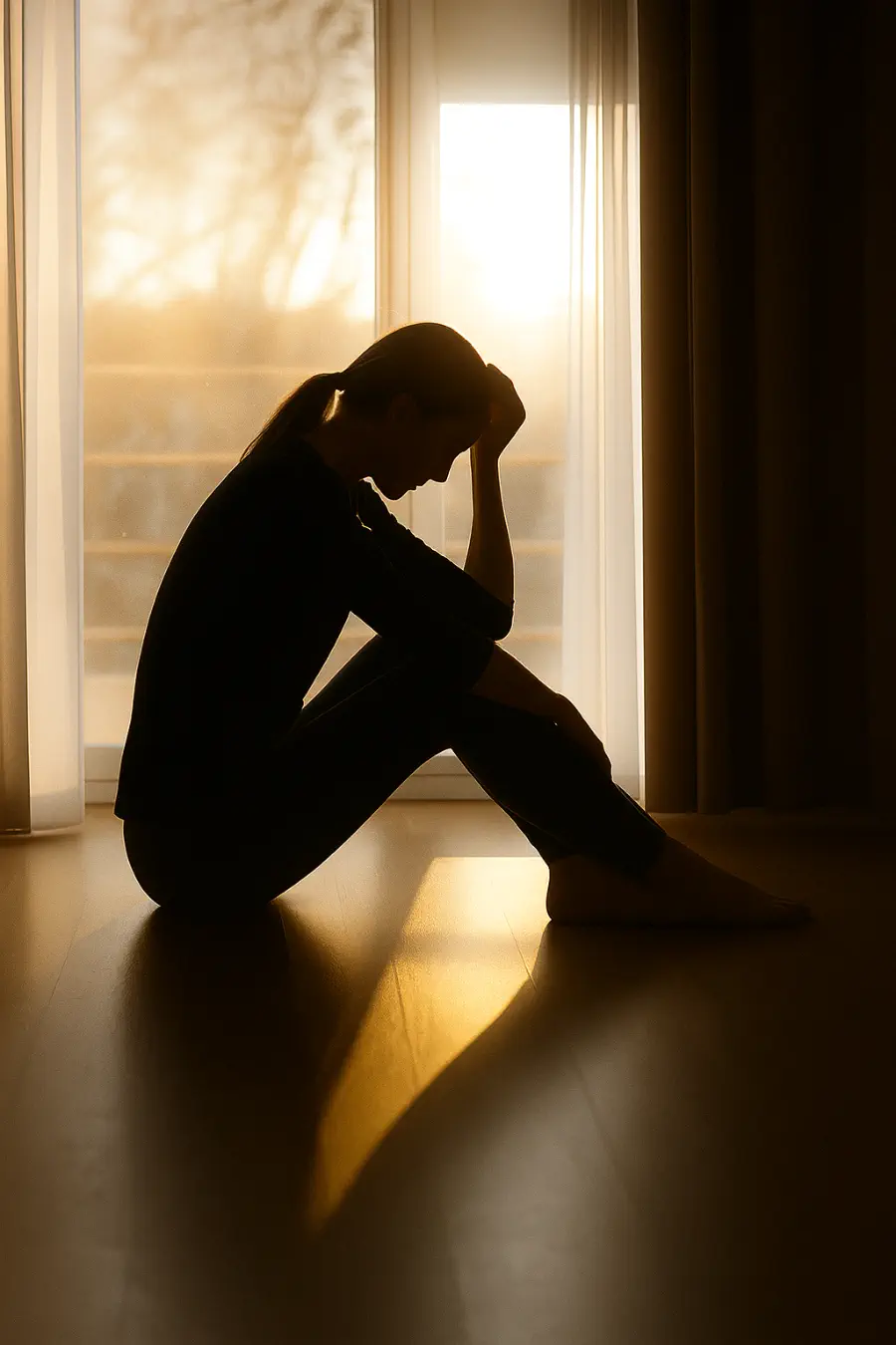 Woman experiencing emotional pain while sitting in quiet reflection during sunrise