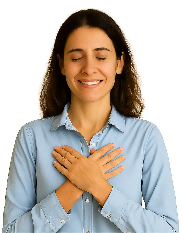 Woman feeling emotional relief with hands on heart after trauma healing session