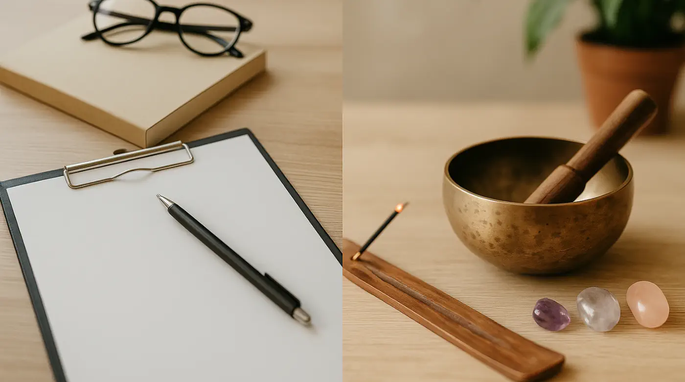 Therapy tools on desk including clipboard, pen, Tibetan singing bowl, and healing crystals, representing holistic and traditional approaches