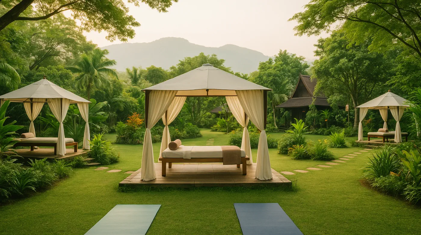 Luxury outdoor wellness retreat in Chiang Mai with open-air cabanas, yoga mats, and lush tropical gardens