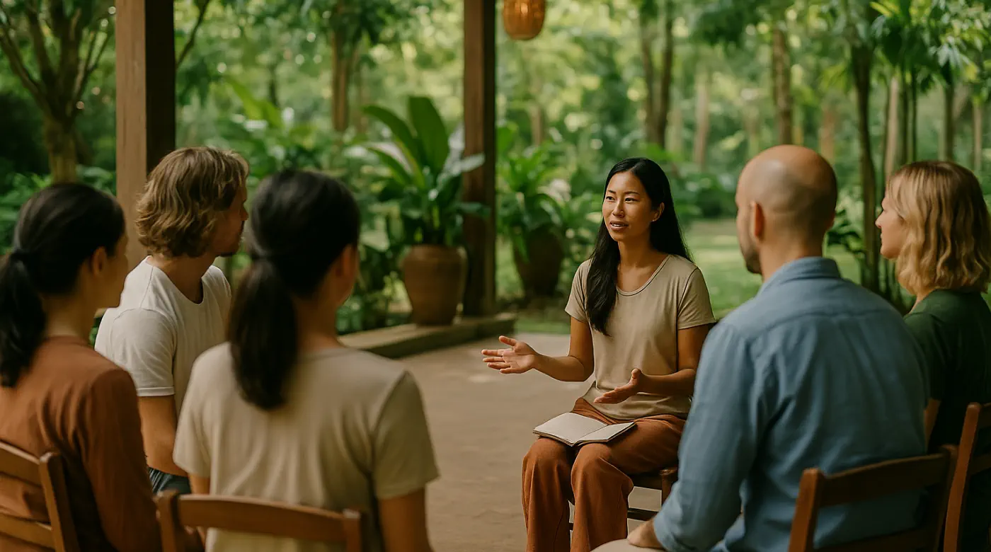 Group self-help session in Chiang Mai with facilitator speaking to participants in a serene outdoor setting
