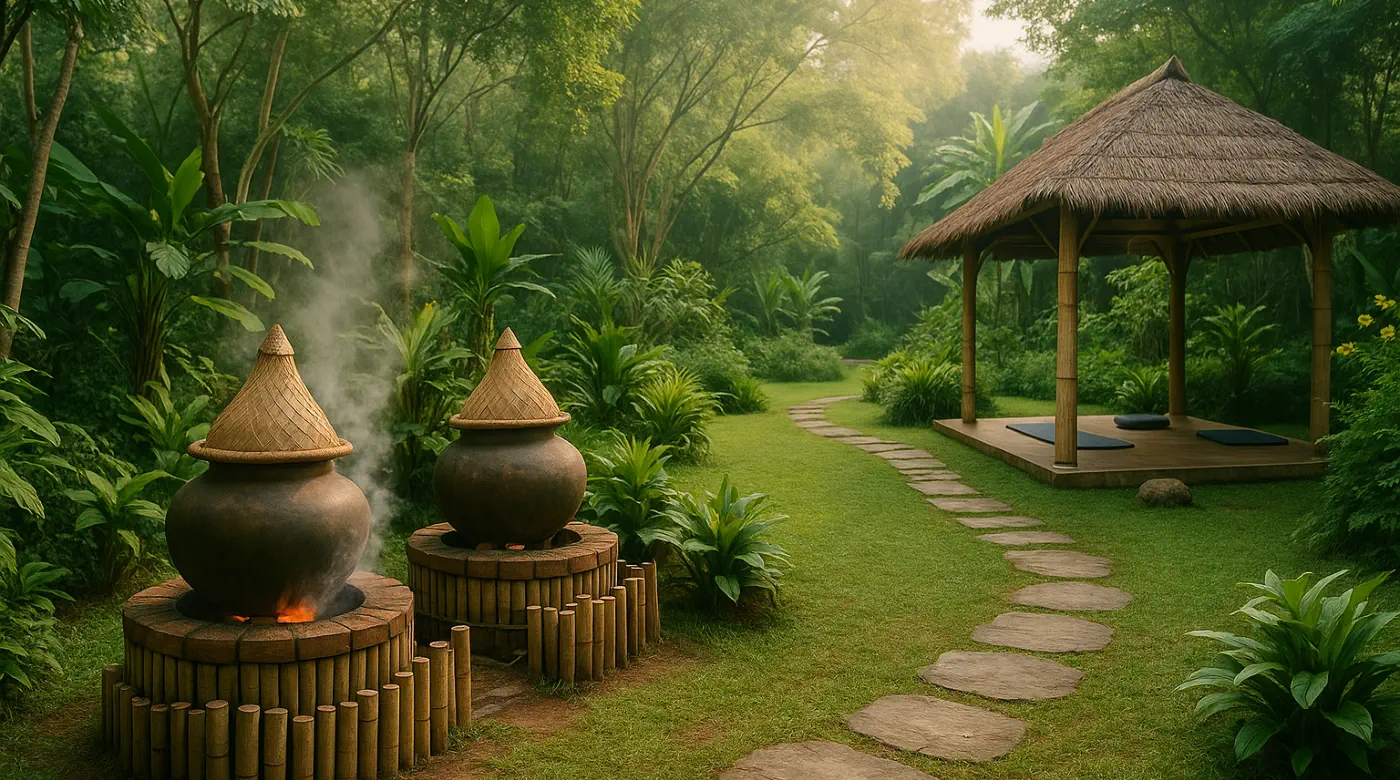 Tranquil garden in Chiang Mai with steaming herbal pots and a thatched pavilion along a stone pathway