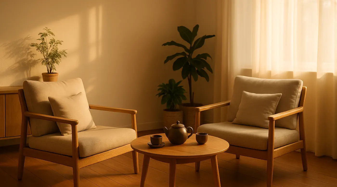 Warm, sunlit consultation room with two comfortable chairs, coffee table, and indoor plants, creating a calm and welcoming therapy space