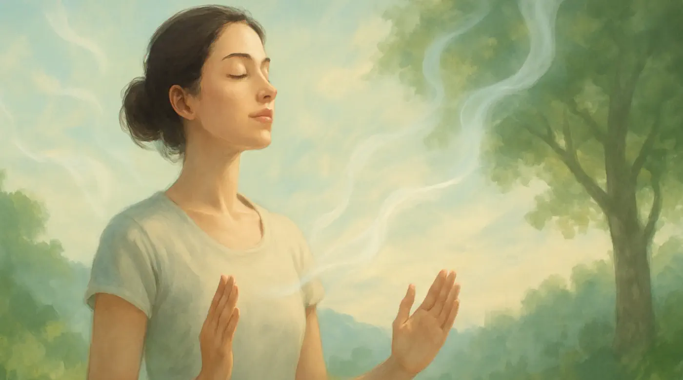 Woman practicing mindful breathing in nature to release tension and support emotional healing
