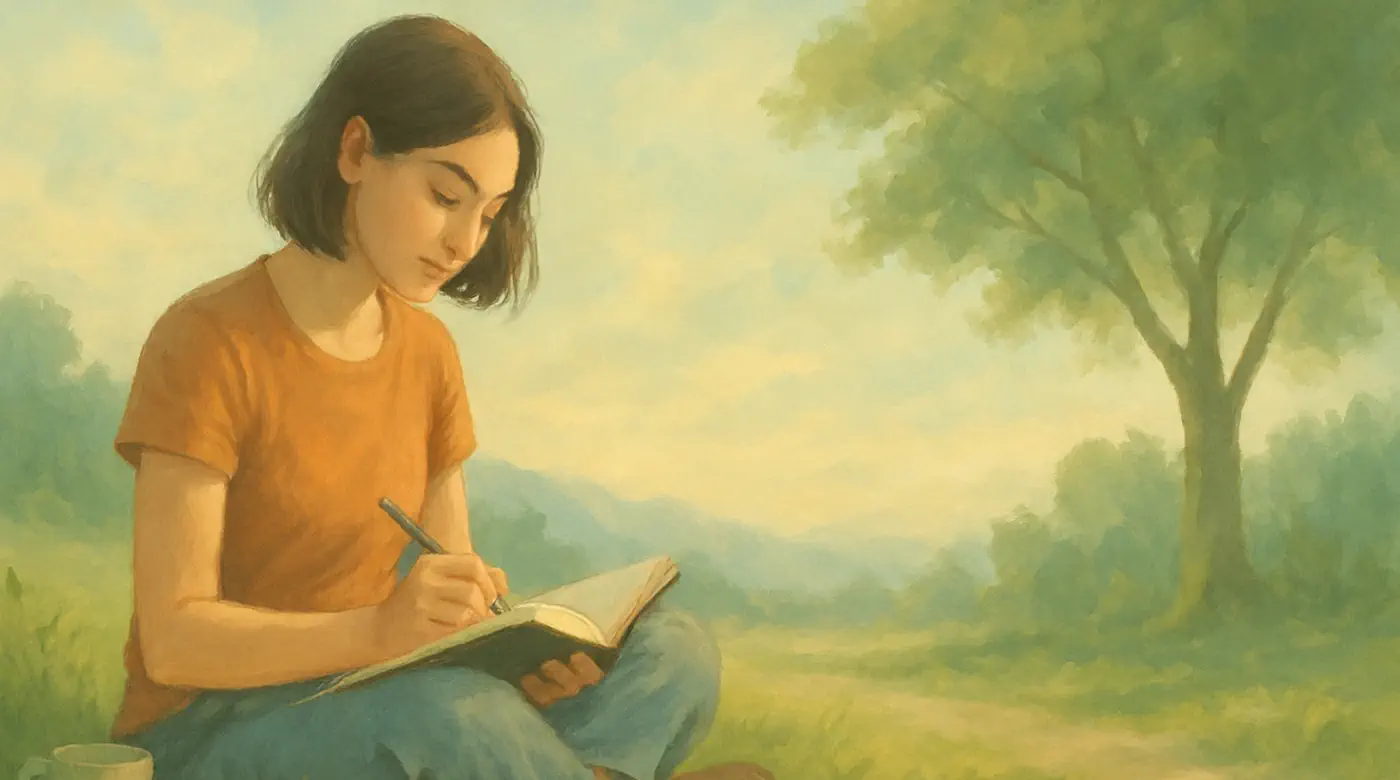 Woman journaling outdoors in nature as a healing practice to feel and process emotions