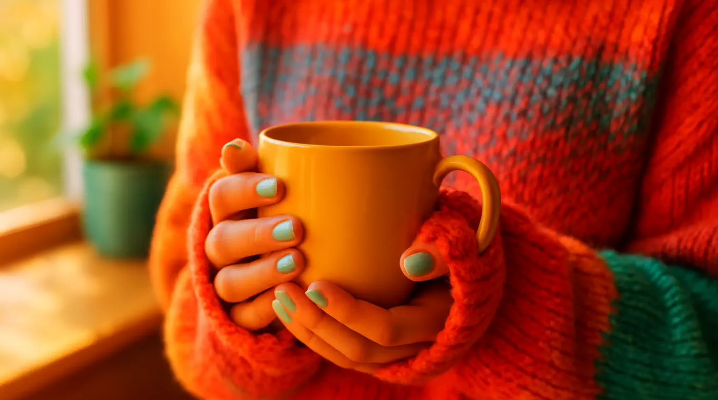 Hands cupping a warm mug in a bright, colorful sweater by a sunlit window — gentle self-soothing and reconnection in Chiang Mai