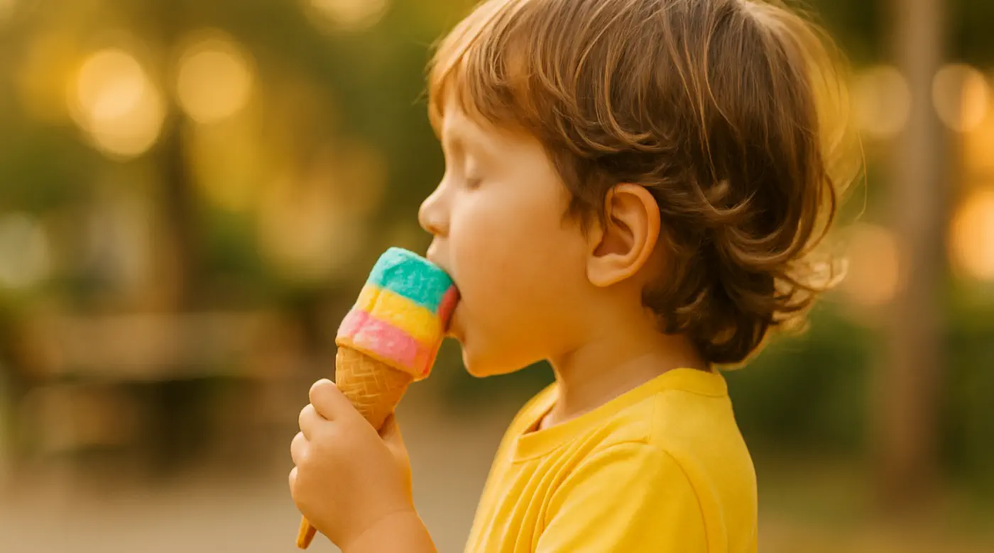 Side-view of a child in a bright top eating a colourful ice cream cone at golden hour — playfulness and safety in inner child therapy, Chiang Mai