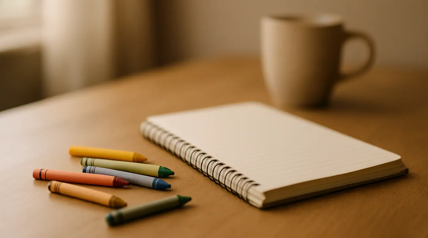 Crayons and open notebook on a wooden table with a warm mug — gentle space for inner child therapy and self-expression in Chiang Mai