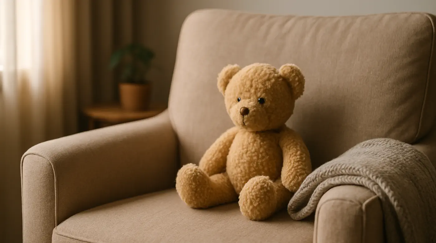 Teddy bear on a cosy armchair with a folded blanket — creating safety for inner child therapy in Chiang Mai