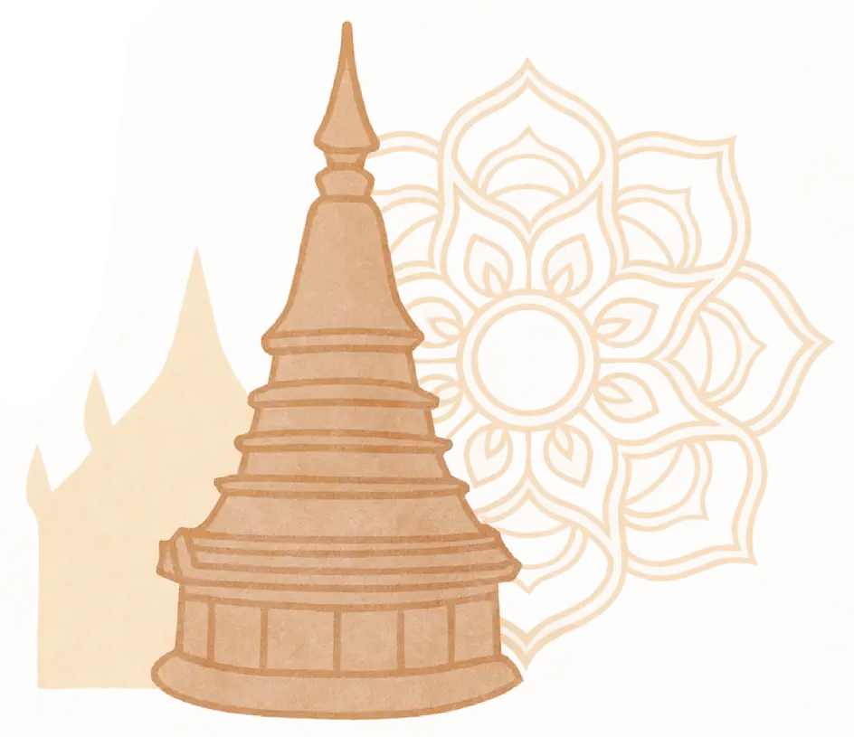 Golden pagoda illustration with lotus mandala symbolizing healing journey in Chiang Mai