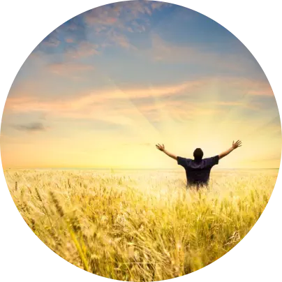 Person with arms raised in a golden field at sunrise — relief after grief healing session (Chiang Mai)