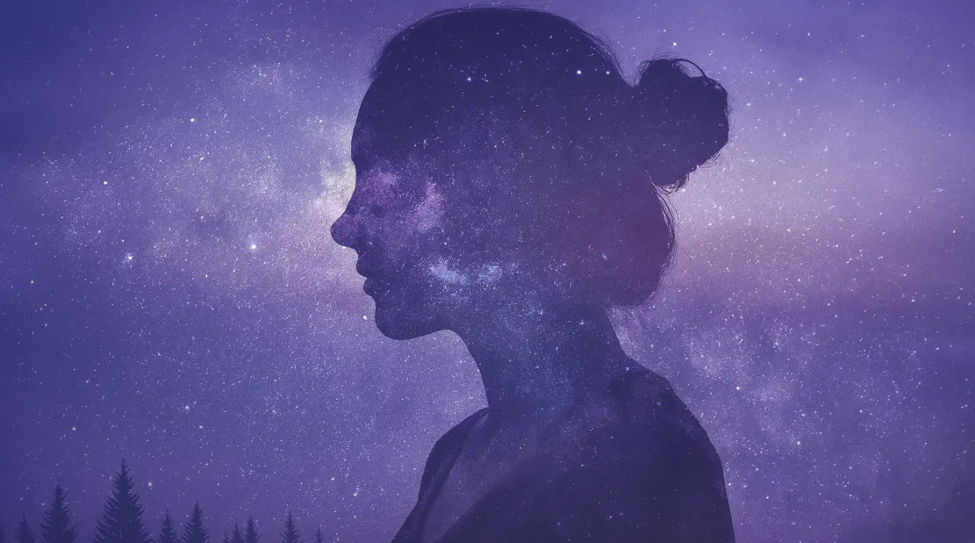 Silhouette of woman with starry night sky overlay — spiritual connection and intuitive insight