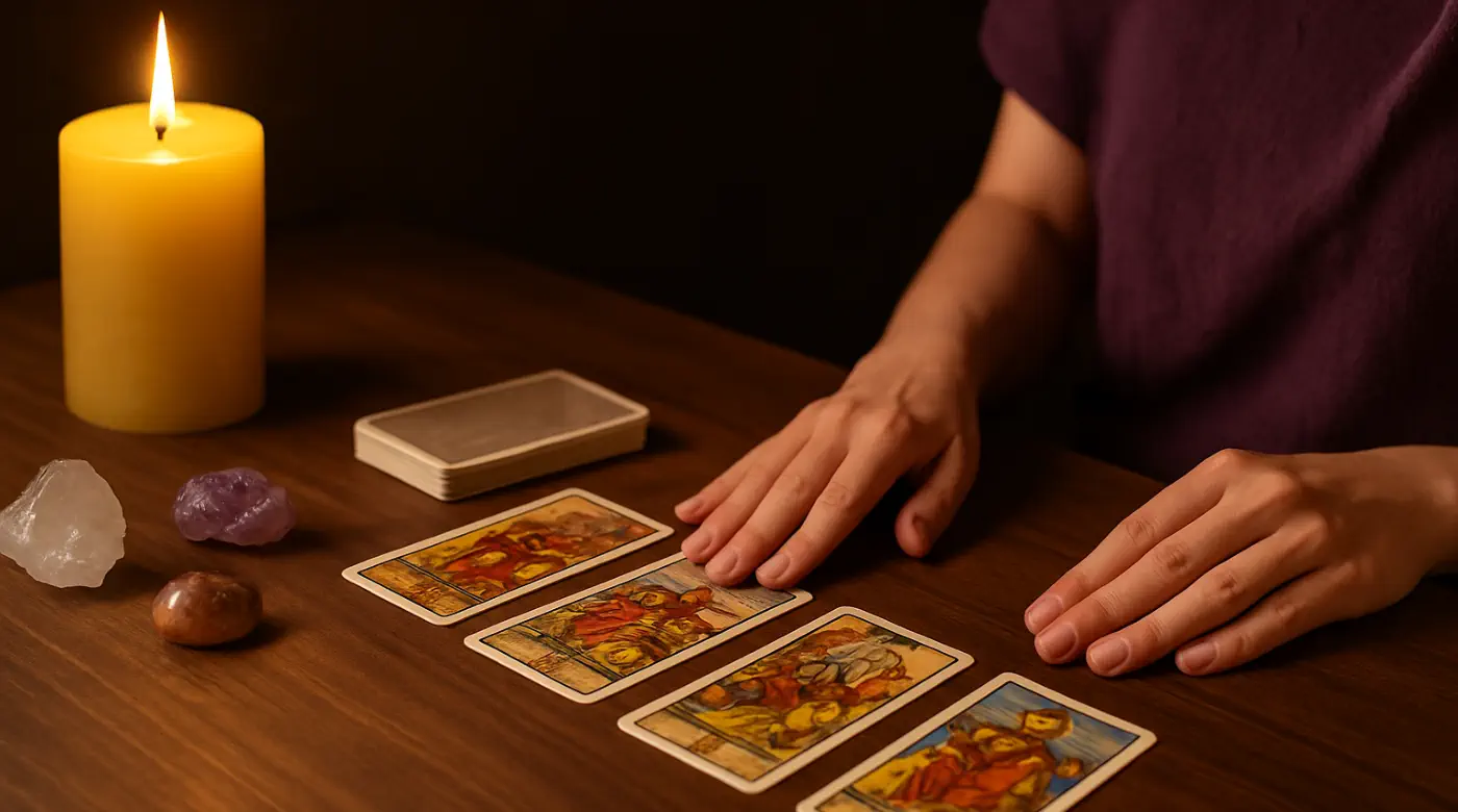 Tarot card reading with candle and crystals — intuitive psychic guidance in Chiang Mai