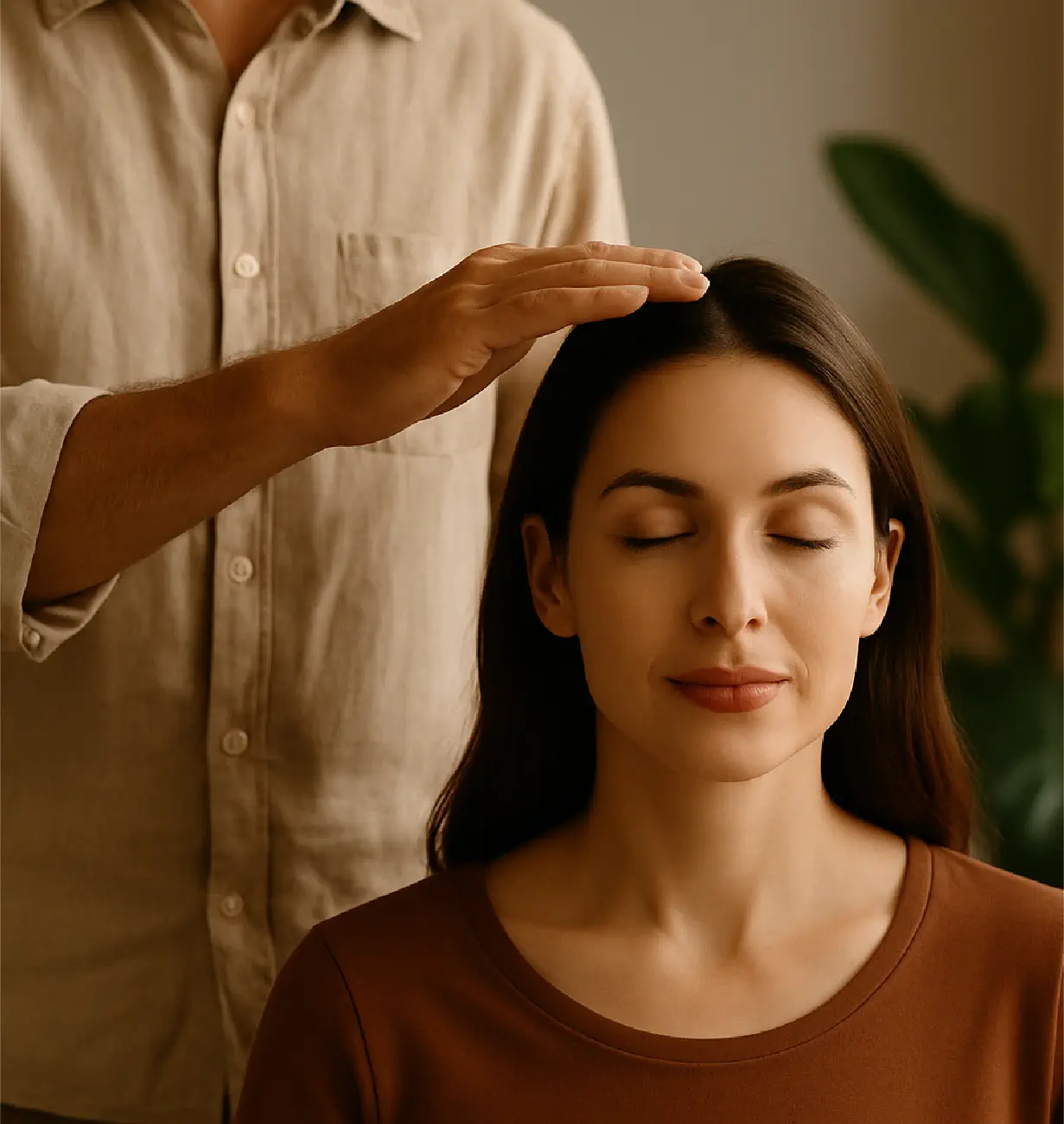 Practitioner using intuitive energy healing with woman during Releasing Hypnosis session