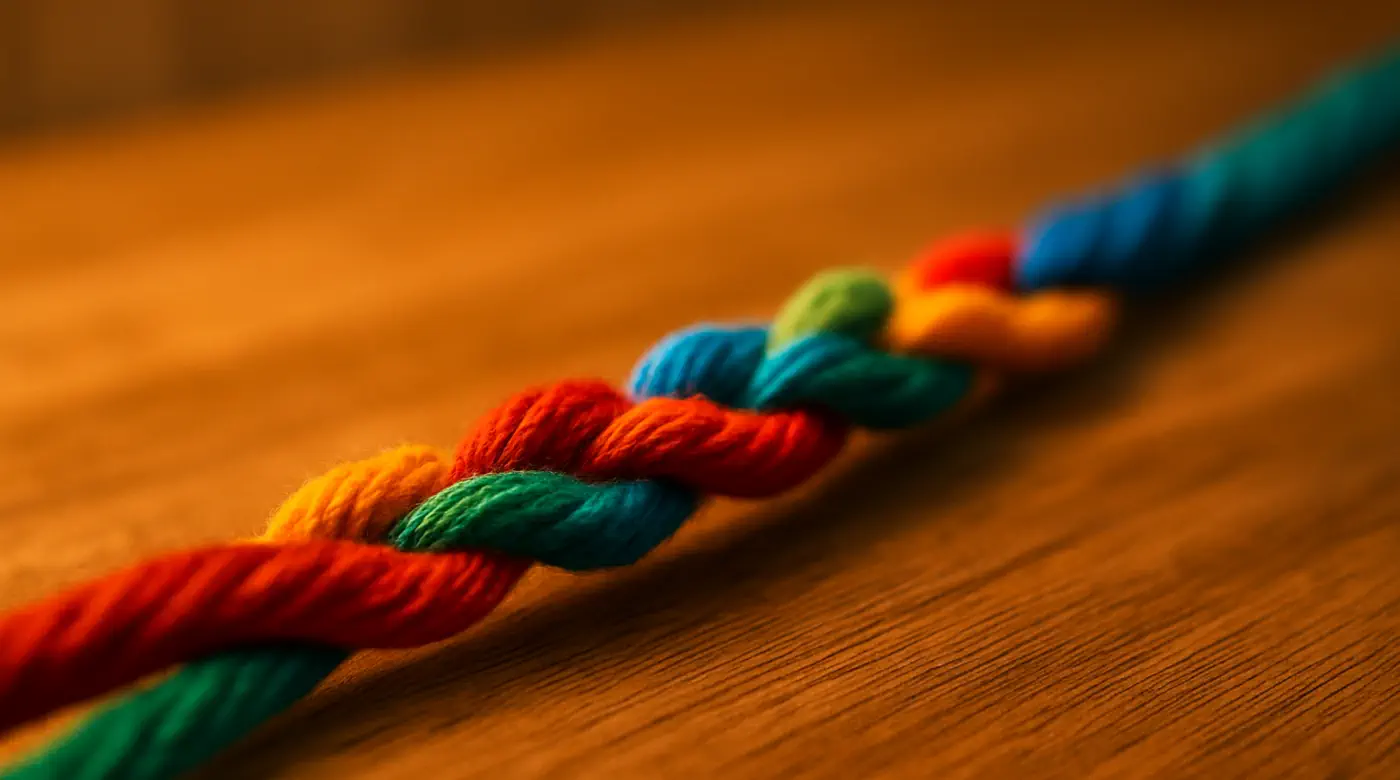 Braided multi-coloured cord on a wooden table — parts coming together in harmony, symbolising how Parts Therapy supports you in Chiang Mai.