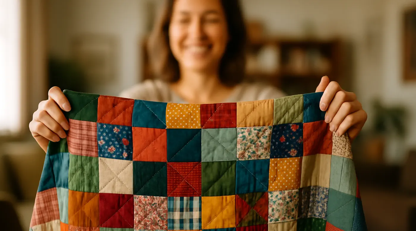 Smiling person holding a colorful patchwork quilt — symbolizing Parts Therapy integration and wholeness in Chiang Mai