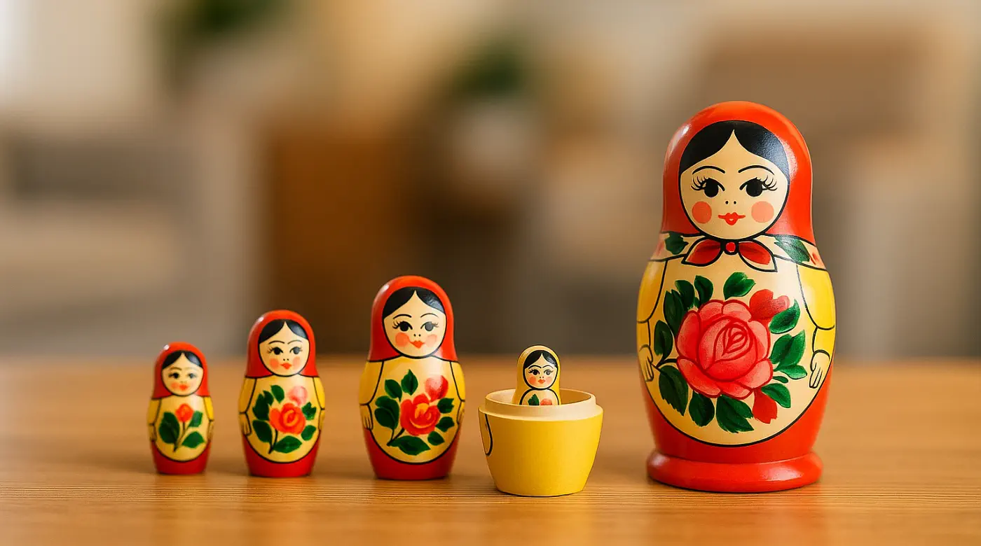 Russian nesting dolls on a wooden table, smallest open to show inner figure, in a calm therapy office — symbol of Parts Therapy in Chiang Mai
