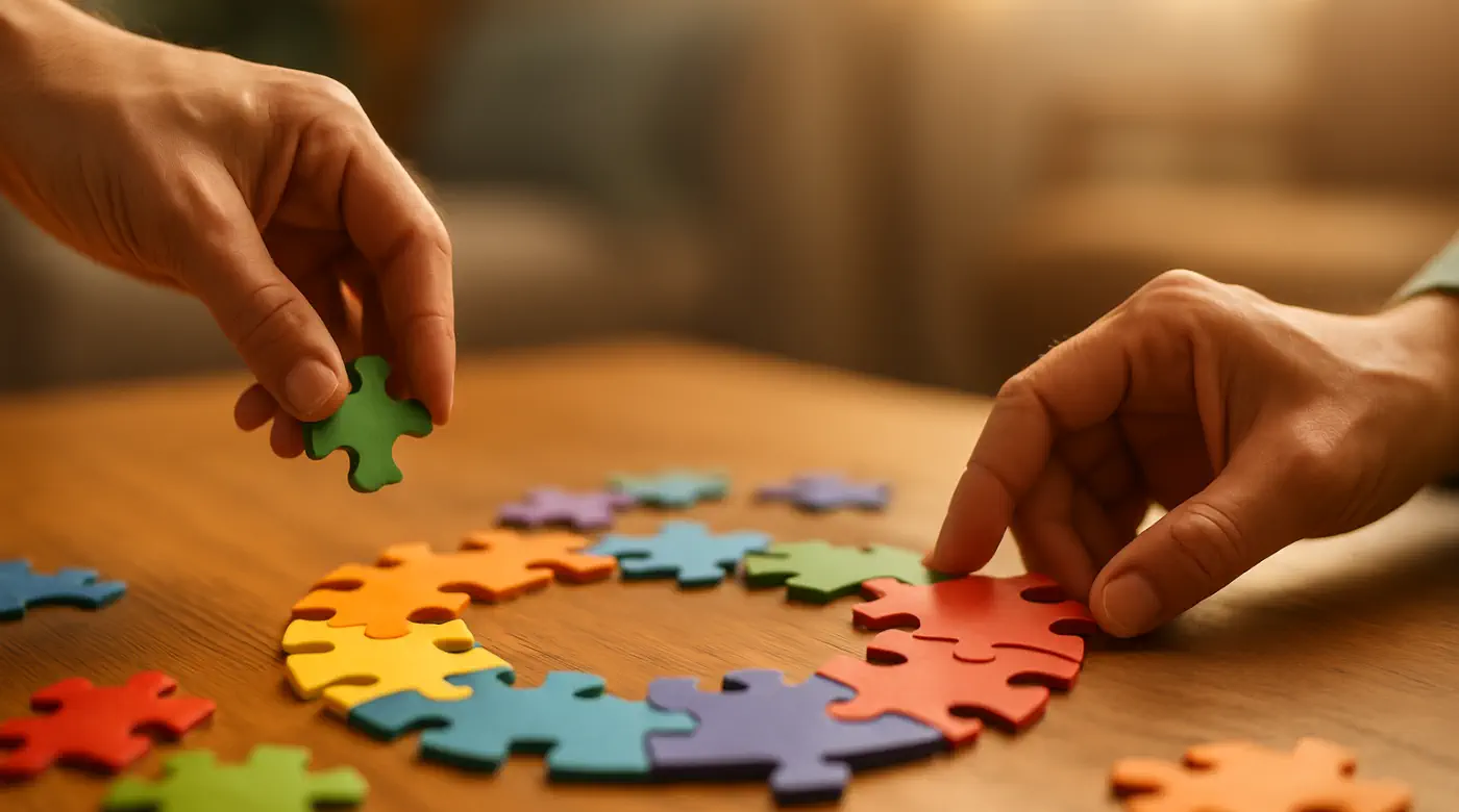 Hands placing colorful puzzle pieces in a circle on a wooden table — symbolizing Parts Therapy and inner parts integration in Chiang Mai.