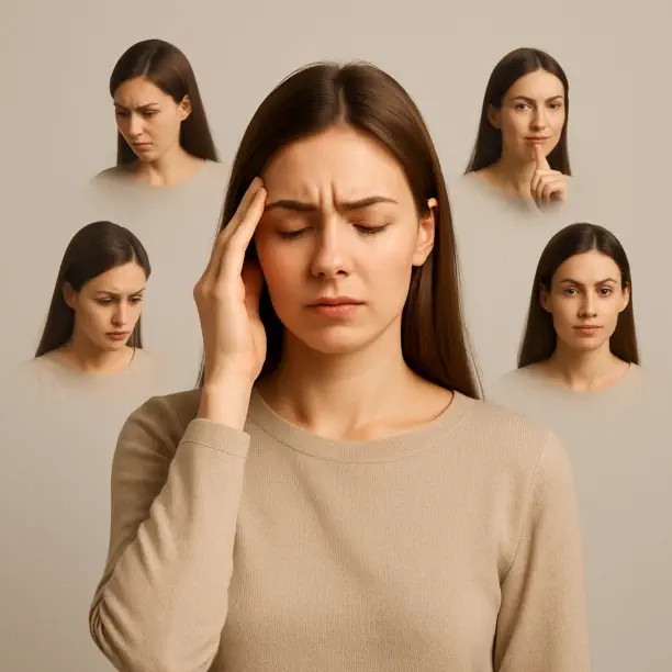 Woman overwhelmed by multiple inner voices representing inner conflict addressed with Parts Therapy in Chiang Mai