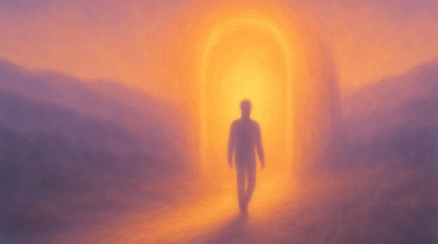 Spiritual figure walking toward glowing portal — symbolizing transformation, soul awakening, and the start of a past life healing journey