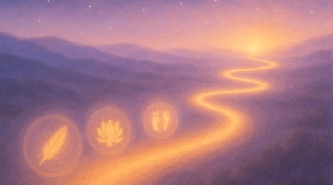 Golden soul path with spiritual symbols — representing healing across timelines and intuitive guidance in spiritual therapy