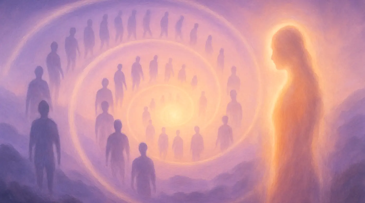 Spiritual representation of past lives in a glowing spiral — symbolizing reincarnation, karmic healing, and soul journey in past life therapy