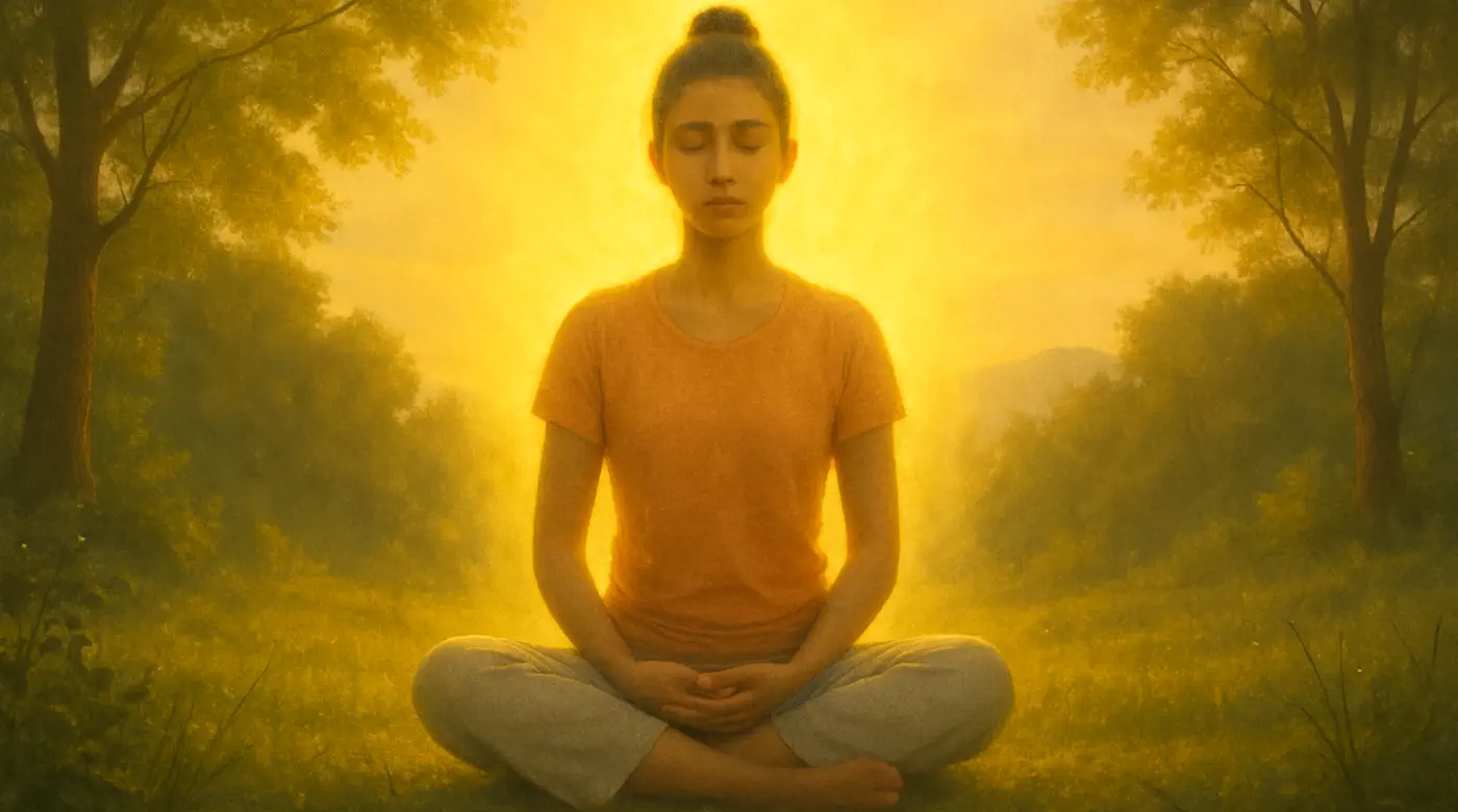 Person meditating in nature with glowing light aura, symbolizing healing, clarity, and spiritual guidance in past life therapy