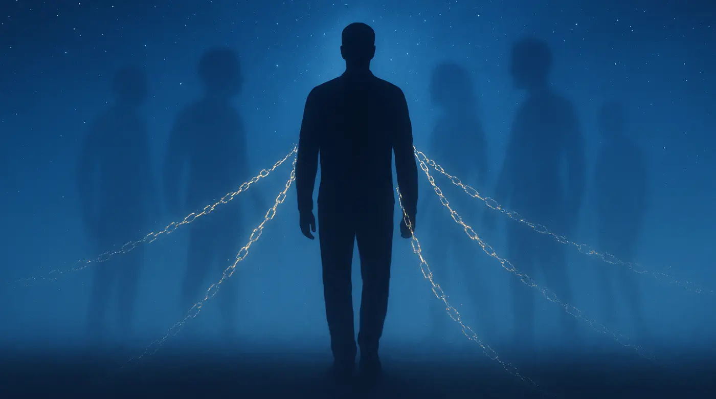 Silhouette of a person connected by glowing chains to shadowy figures, symbolizing unresolved past life issues and karmic ties.
