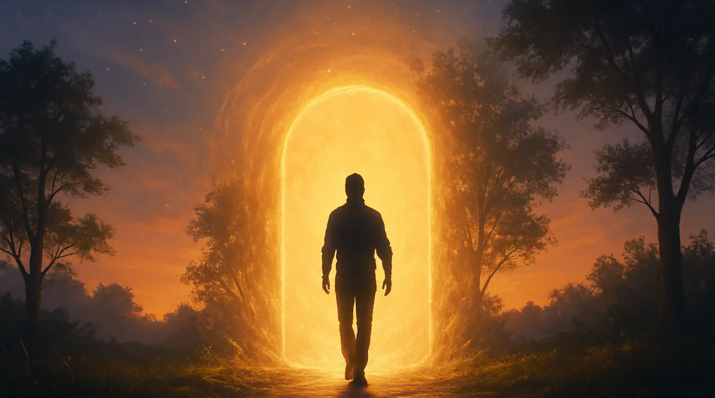 Silhouette of a person entering a glowing doorway of light in nature — symbolizing past life journeys and spiritual awakening
