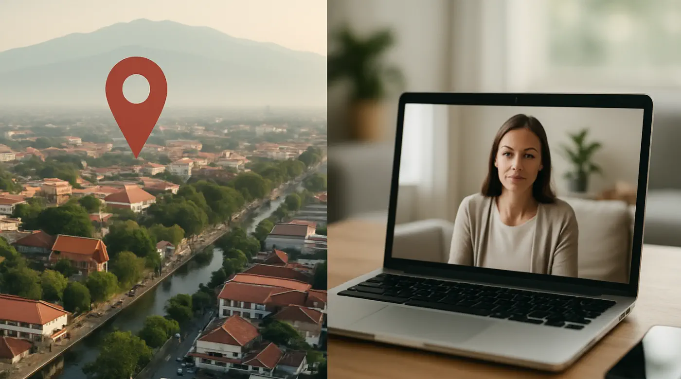Therapy in Chiang Mai or online — aerial view with Chiang Mai location pin and a laptop video session on a wooden table