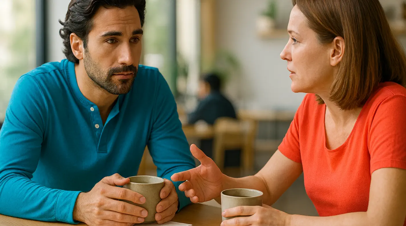 Couple sitting in a café having a heart-to-heart conversation about their relationship