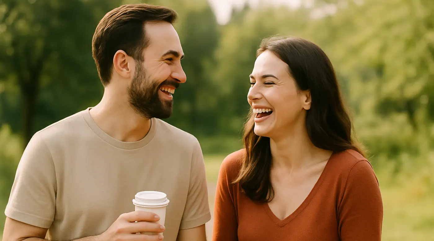 Smiling couple enjoying time together outdoors, symbolizing the benefits of relationship healing and deeper emotional connection.