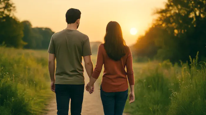 Couple walking hand in hand down a path at sunset, symbolizing emotional healing and connection during the healing journey.