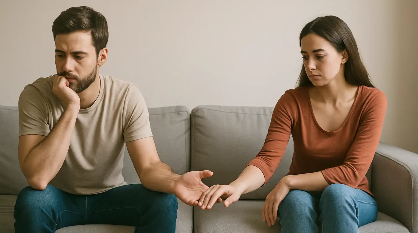 Couple experiencing emotional disconnect reaching out to each other on a couch during relationship therapy