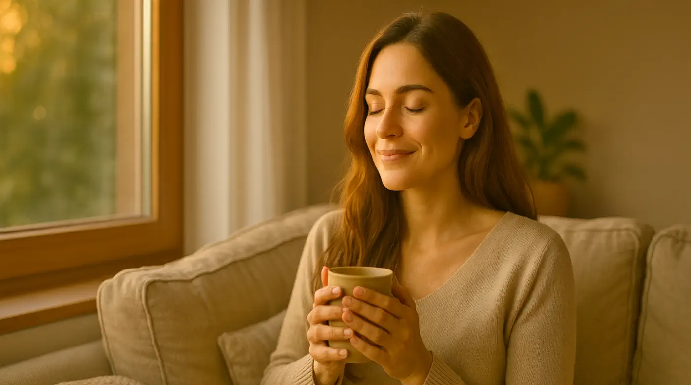 Peaceful woman on a sofa by a window, eyes closed and holding a mug—post-session calm after Releasing Therapy in Chiang Mai