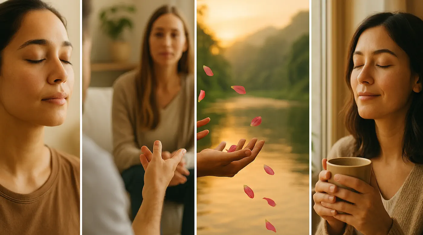 Four-panel collage of the Releasing Therapy process in Chiang Mai — calm breath, guided session, releasing petals to water, and peaceful integration with tea