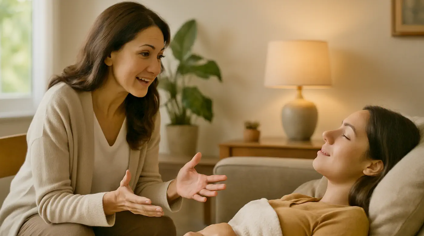Therapist talking with a peaceful client reclining on a sofa during a gentle healing session in a calm Chiang Mai setting